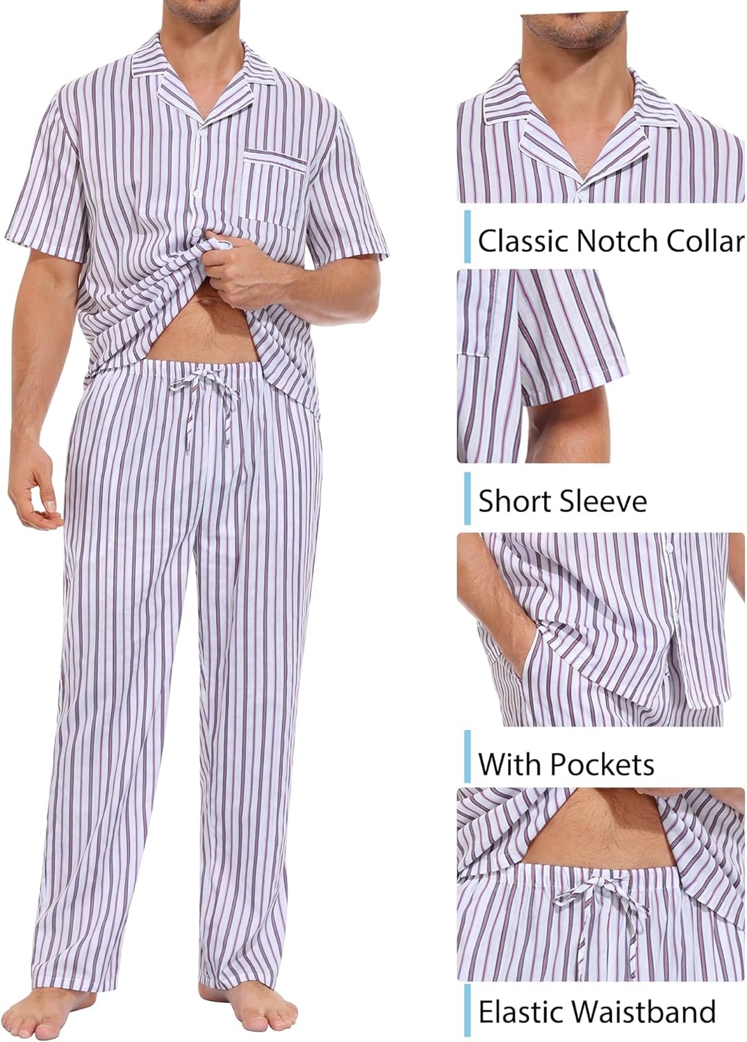 imageSWOMOG Mens 100 Cotton Pajama Set 2Pcs Button Down Pjs Set Short Sleeve Sleepwear with Long Pants Soft Stripe NightwearWhite Stripes
