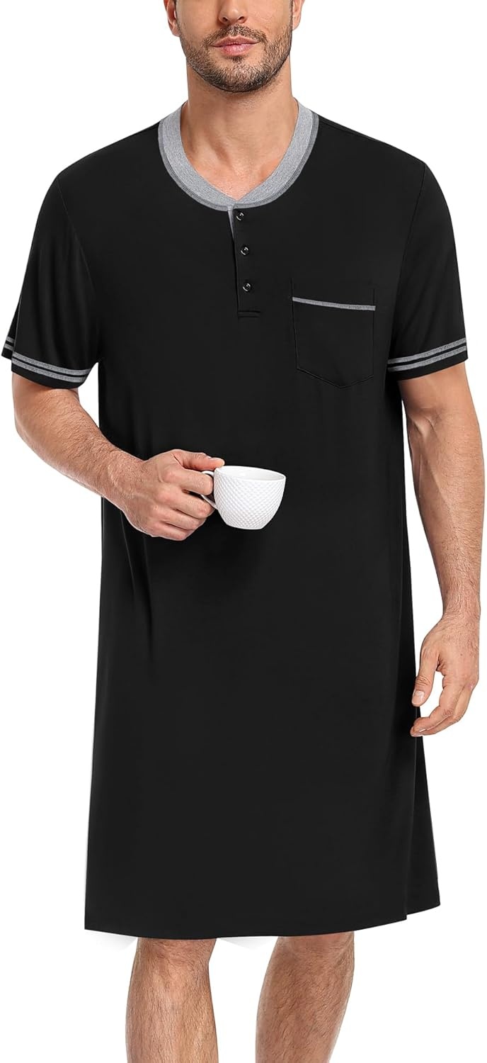 imageSWOMOG Mens Nightshirt Short Sleeve Nightgown Sleepwear Soft Loose Loungewear Lightweight Nightwear Comfy Sleep ShirtBlack