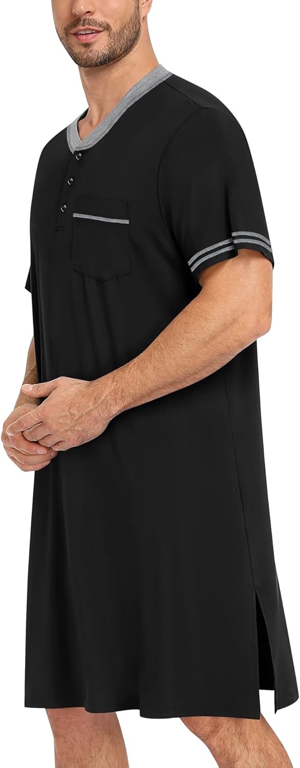 imageSWOMOG Mens Nightshirt Short Sleeve Nightgown Sleepwear Soft Loose Loungewear Lightweight Nightwear Comfy Sleep ShirtBlack