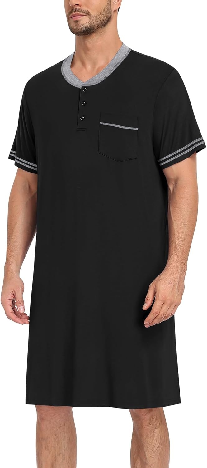 imageSWOMOG Mens Nightshirt Short Sleeve Nightgown Sleepwear Soft Loose Loungewear Lightweight Nightwear Comfy Sleep ShirtBlack