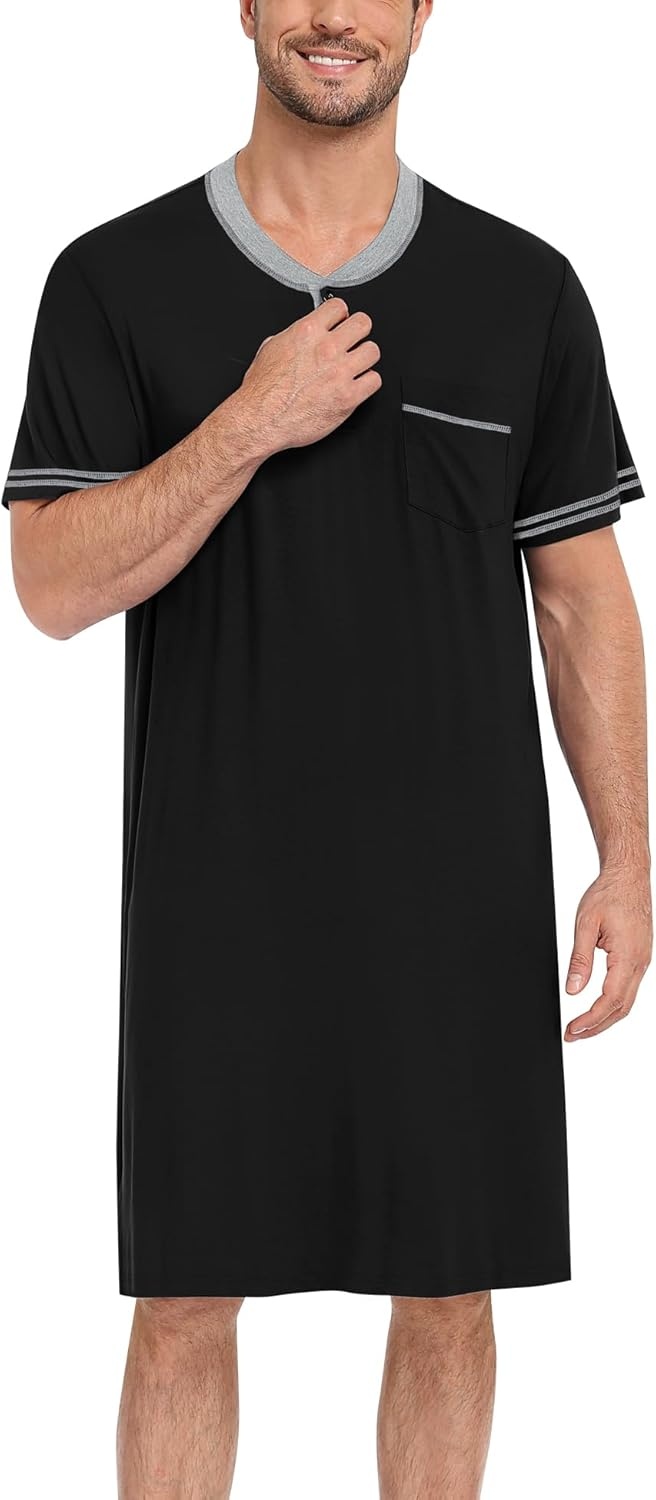 imageSWOMOG Mens Nightshirt Short Sleeve Nightgown Sleepwear Soft Loose Loungewear Lightweight Nightwear Comfy Sleep ShirtBlack