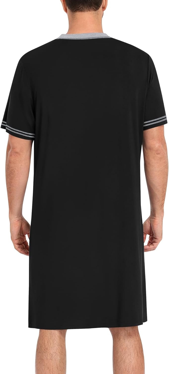 imageSWOMOG Mens Nightshirt Short Sleeve Nightgown Sleepwear Soft Loose Loungewear Lightweight Nightwear Comfy Sleep ShirtBlack