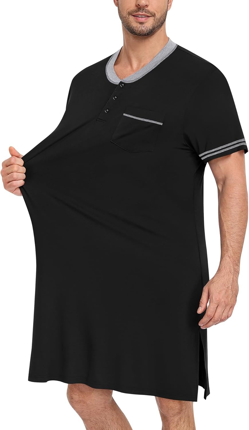 imageSWOMOG Mens Nightshirt Short Sleeve Nightgown Sleepwear Soft Loose Loungewear Lightweight Nightwear Comfy Sleep ShirtBlack