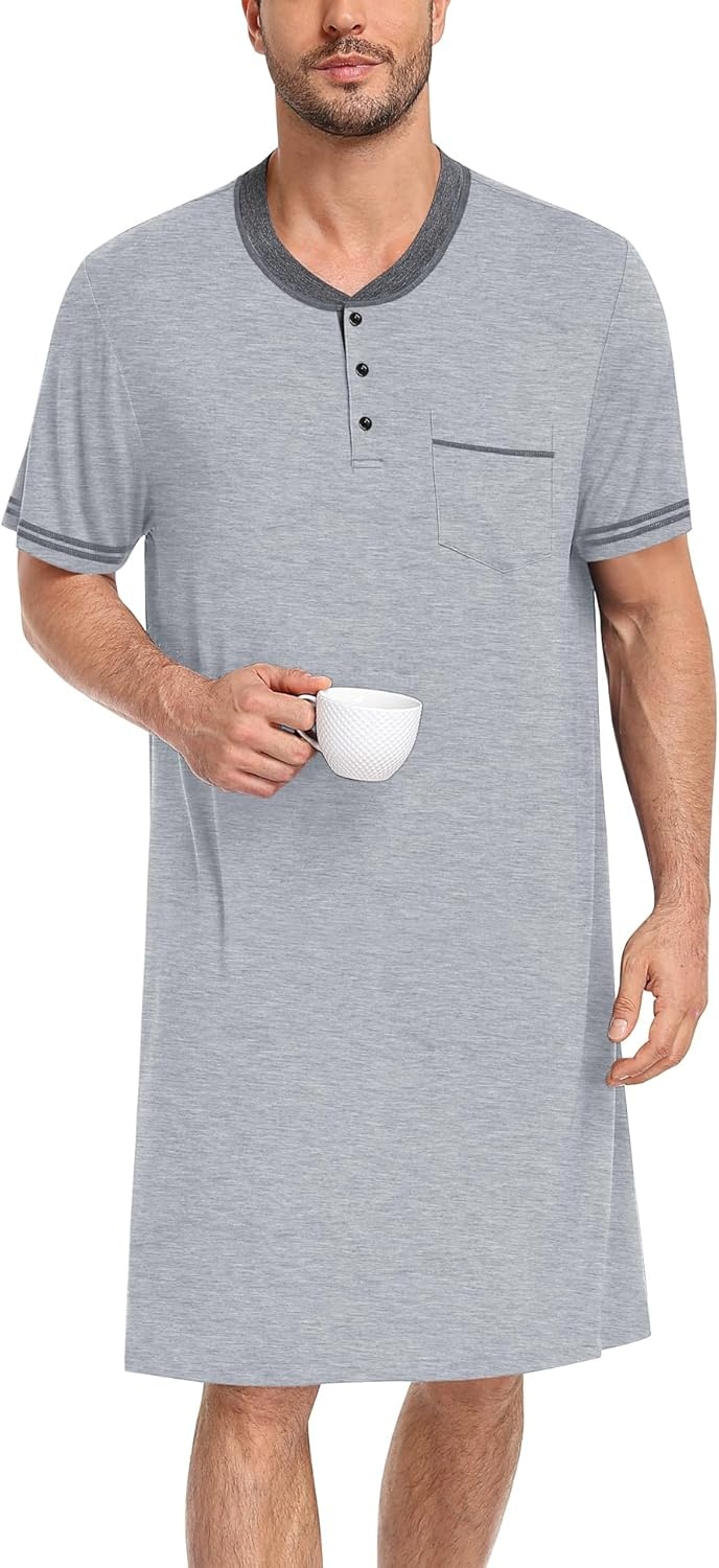 imageSWOMOG Mens Nightshirt Short Sleeve Nightgown Sleepwear Soft Loose Loungewear Lightweight Nightwear Comfy Sleep ShirtGray