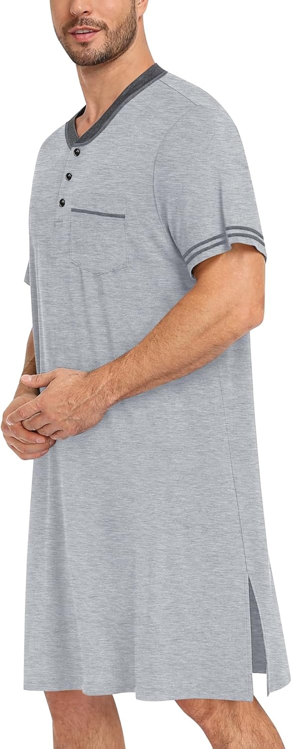 imageSWOMOG Mens Nightshirt Short Sleeve Nightgown Sleepwear Soft Loose Loungewear Lightweight Nightwear Comfy Sleep ShirtGray