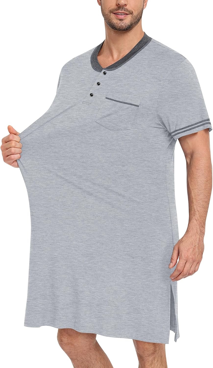 imageSWOMOG Mens Nightshirt Short Sleeve Nightgown Sleepwear Soft Loose Loungewear Lightweight Nightwear Comfy Sleep ShirtGray