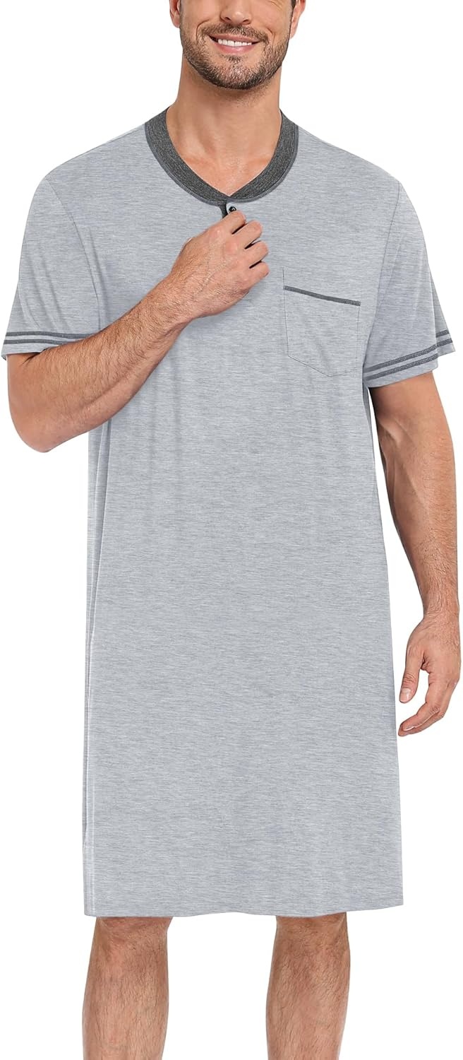 imageSWOMOG Mens Nightshirt Short Sleeve Nightgown Sleepwear Soft Loose Loungewear Lightweight Nightwear Comfy Sleep ShirtGray