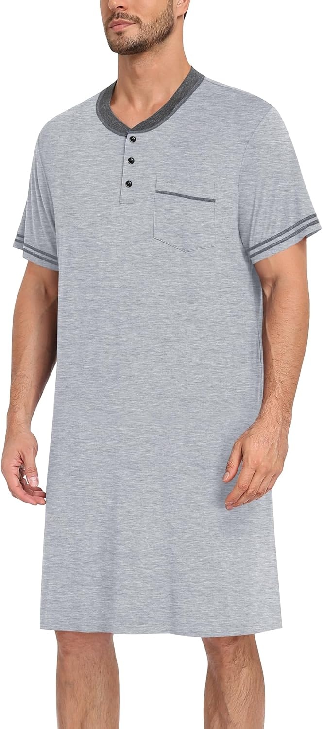 imageSWOMOG Mens Nightshirt Short Sleeve Nightgown Sleepwear Soft Loose Loungewear Lightweight Nightwear Comfy Sleep ShirtGray