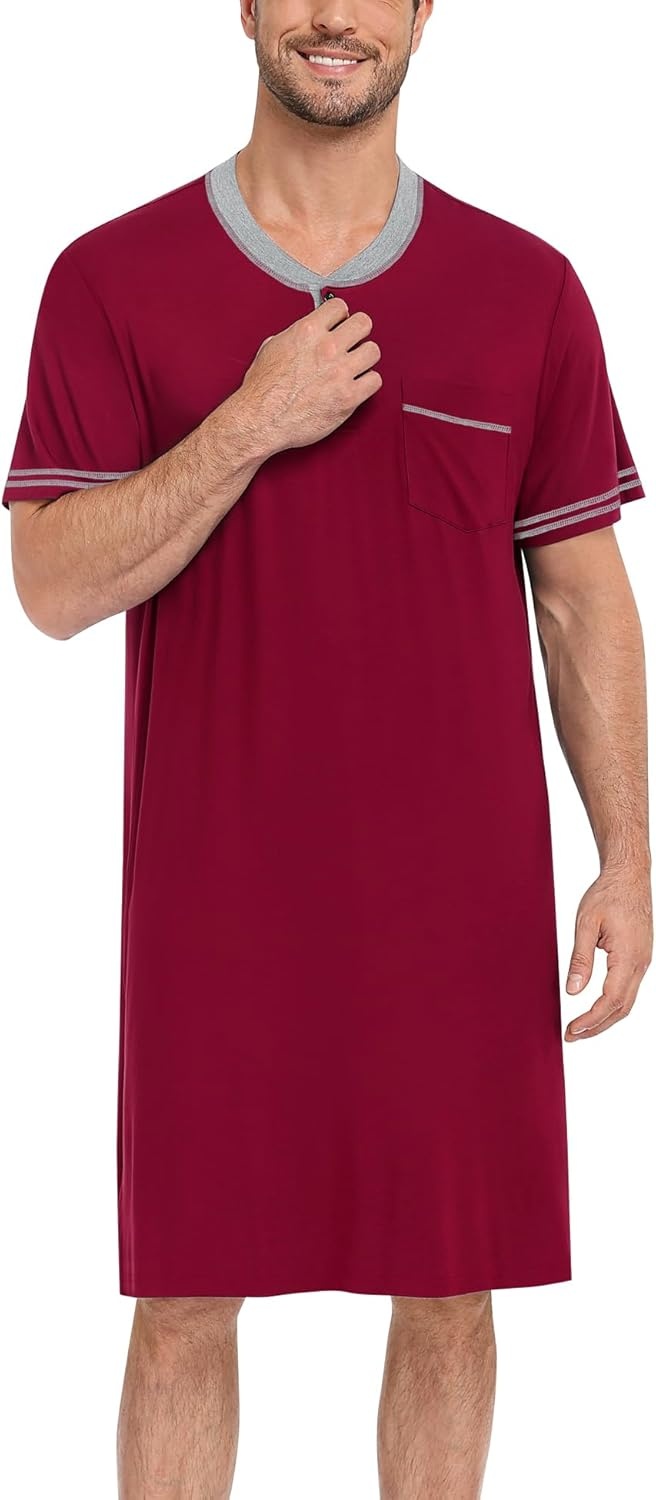imageSWOMOG Mens Nightshirt Short Sleeve Nightgown Sleepwear Soft Loose Loungewear Lightweight Nightwear Comfy Sleep ShirtWine Red
