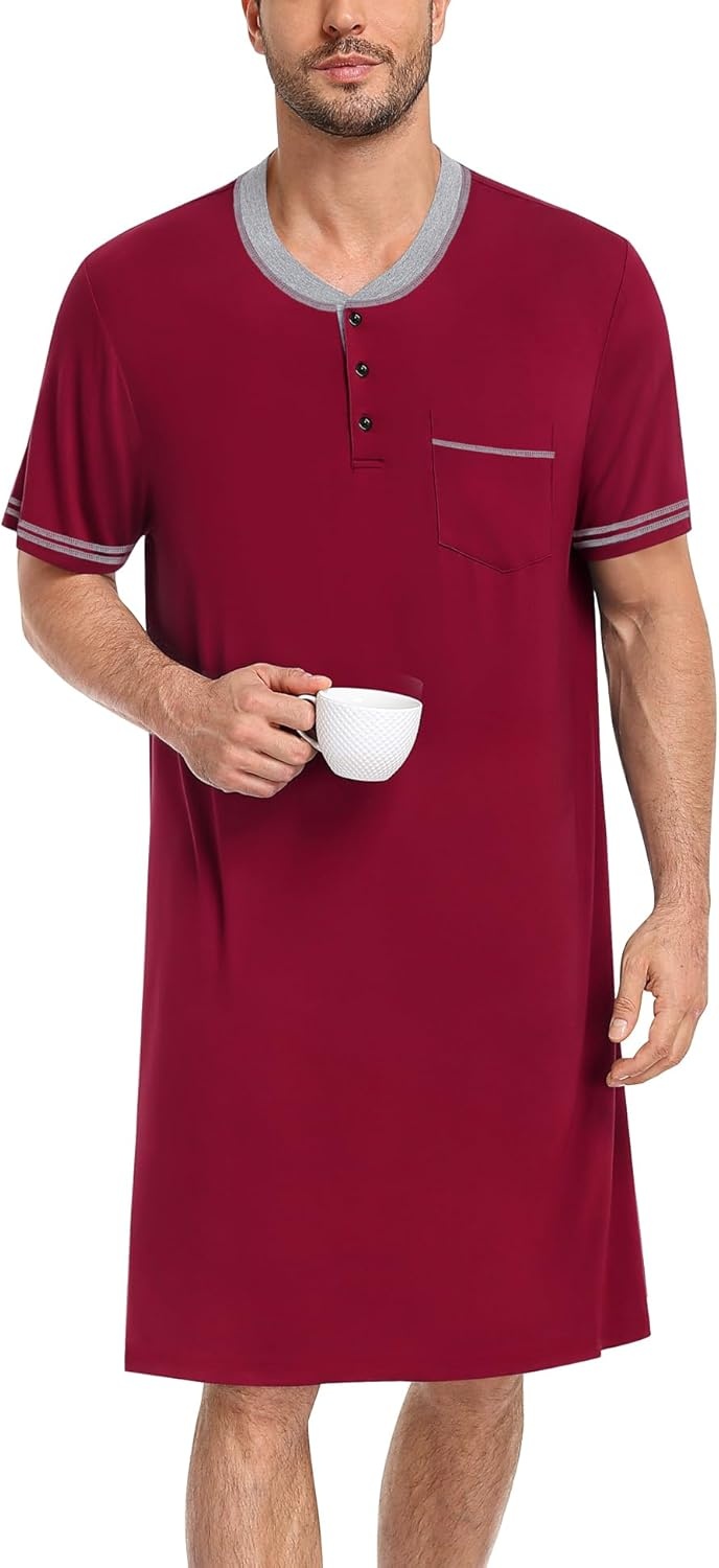 imageSWOMOG Mens Nightshirt Short Sleeve Nightgown Sleepwear Soft Loose Loungewear Lightweight Nightwear Comfy Sleep ShirtWine Red