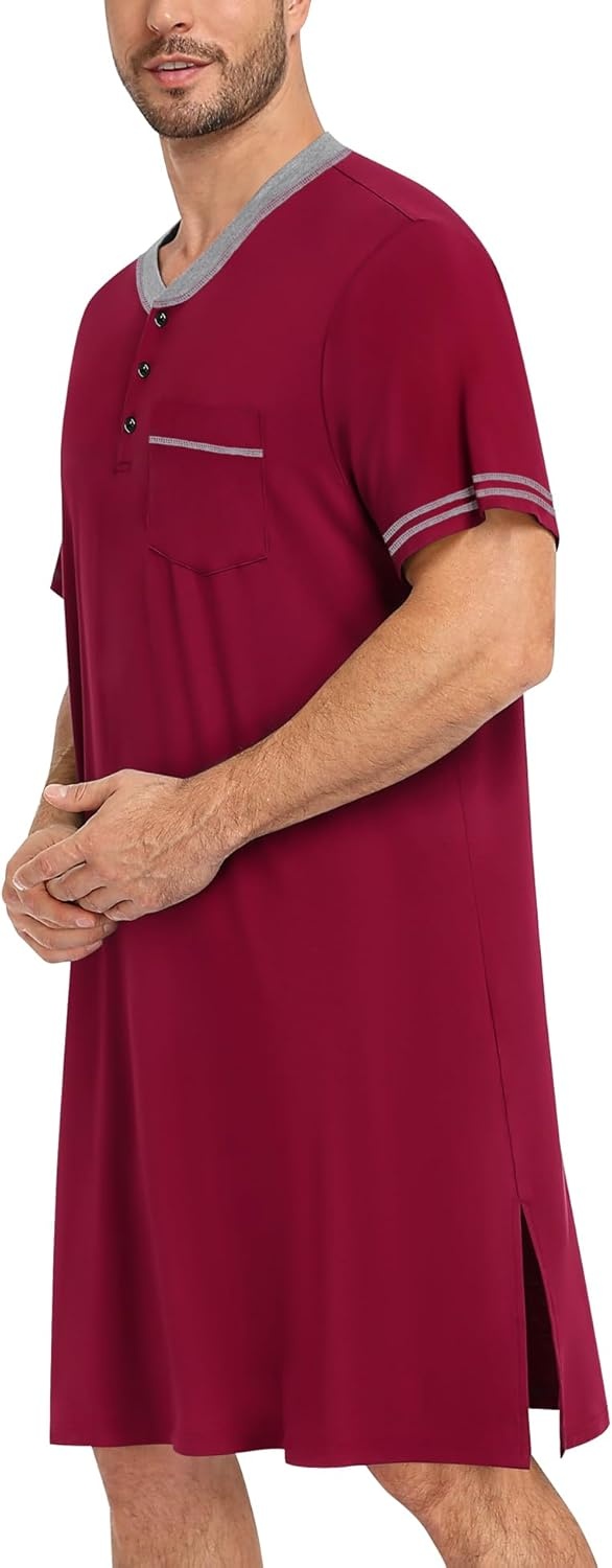 imageSWOMOG Mens Nightshirt Short Sleeve Nightgown Sleepwear Soft Loose Loungewear Lightweight Nightwear Comfy Sleep ShirtWine Red