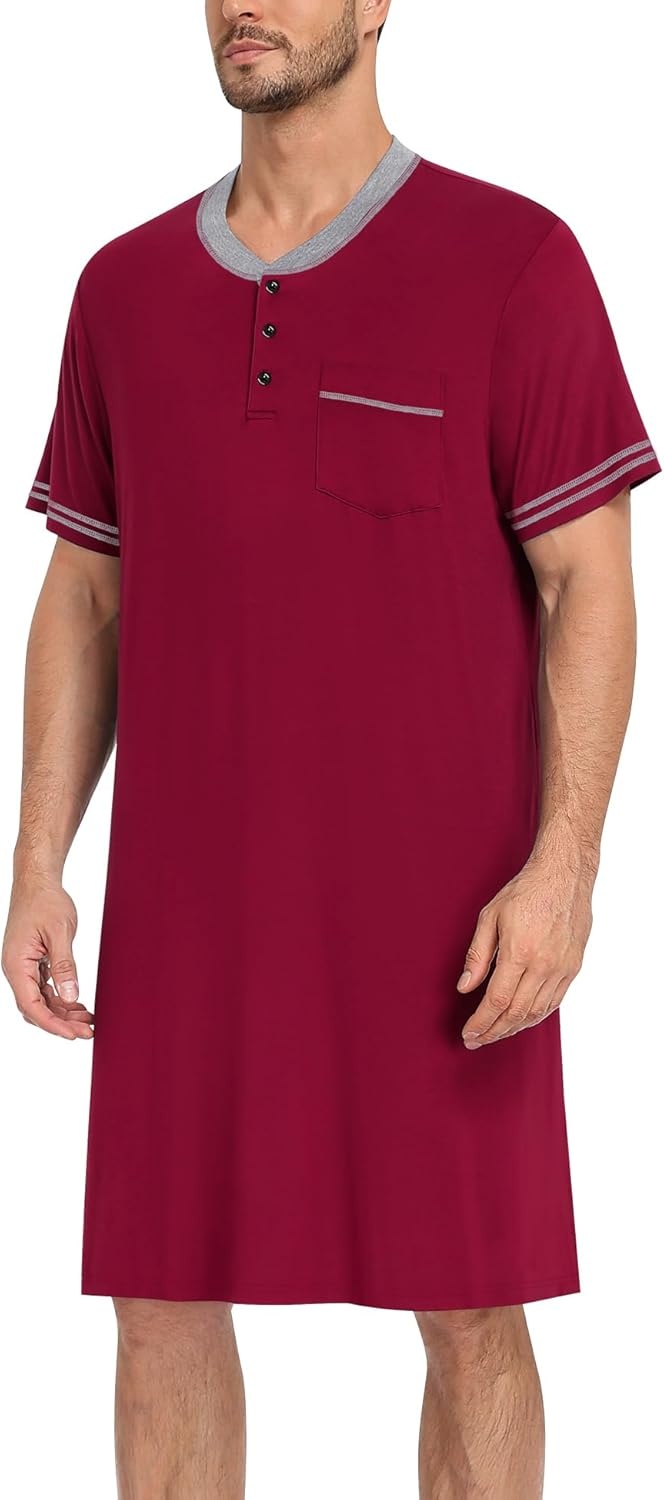 imageSWOMOG Mens Nightshirt Short Sleeve Nightgown Sleepwear Soft Loose Loungewear Lightweight Nightwear Comfy Sleep ShirtWine Red