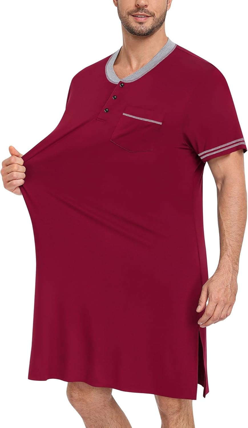 imageSWOMOG Mens Nightshirt Short Sleeve Nightgown Sleepwear Soft Loose Loungewear Lightweight Nightwear Comfy Sleep ShirtWine Red