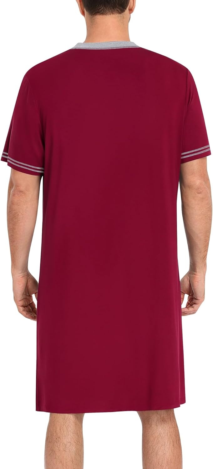 imageSWOMOG Mens Nightshirt Short Sleeve Nightgown Sleepwear Soft Loose Loungewear Lightweight Nightwear Comfy Sleep ShirtWine Red