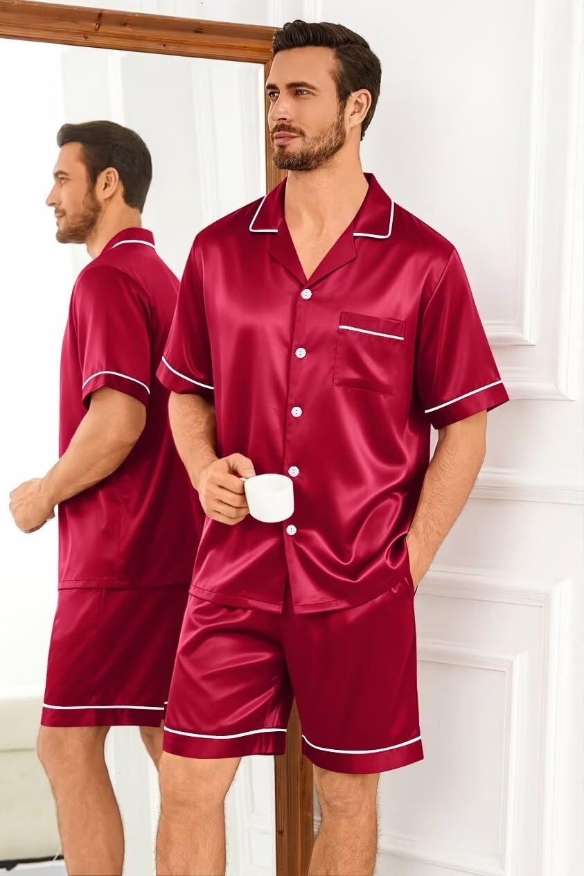 imageSWOMOG Silk Satin Pajamas Sets for Men Short Sleeve 2 Piece Button Down Sleepwear Mens Loungewear Sets with PocketsRed