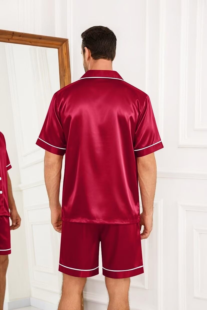 imageSWOMOG Silk Satin Pajamas Sets for Men Short Sleeve 2 Piece Button Down Sleepwear Mens Loungewear Sets with PocketsRed