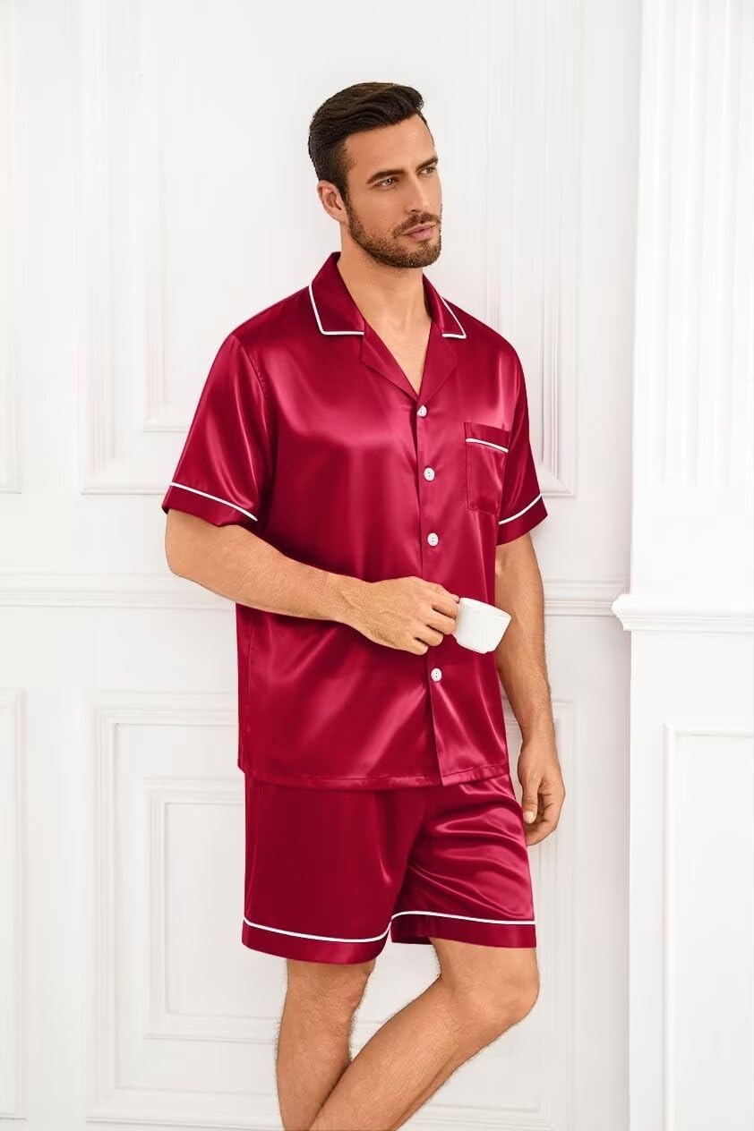imageSWOMOG Silk Satin Pajamas Sets for Men Short Sleeve 2 Piece Button Down Sleepwear Mens Loungewear Sets with PocketsRed