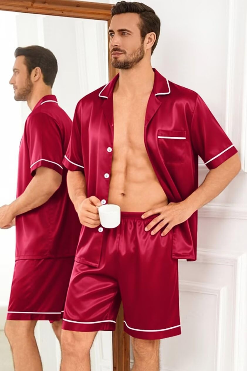 imageSWOMOG Silk Satin Pajamas Sets for Men Short Sleeve 2 Piece Button Down Sleepwear Mens Loungewear Sets with PocketsRed