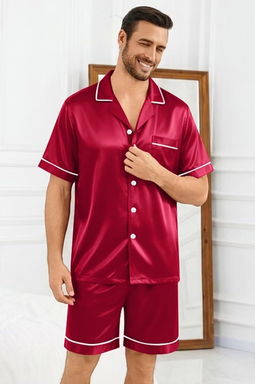 imageSWOMOG Silk Satin Pajamas Sets for Men Short Sleeve 2 Piece Button Down Sleepwear Mens Loungewear Sets with PocketsRed