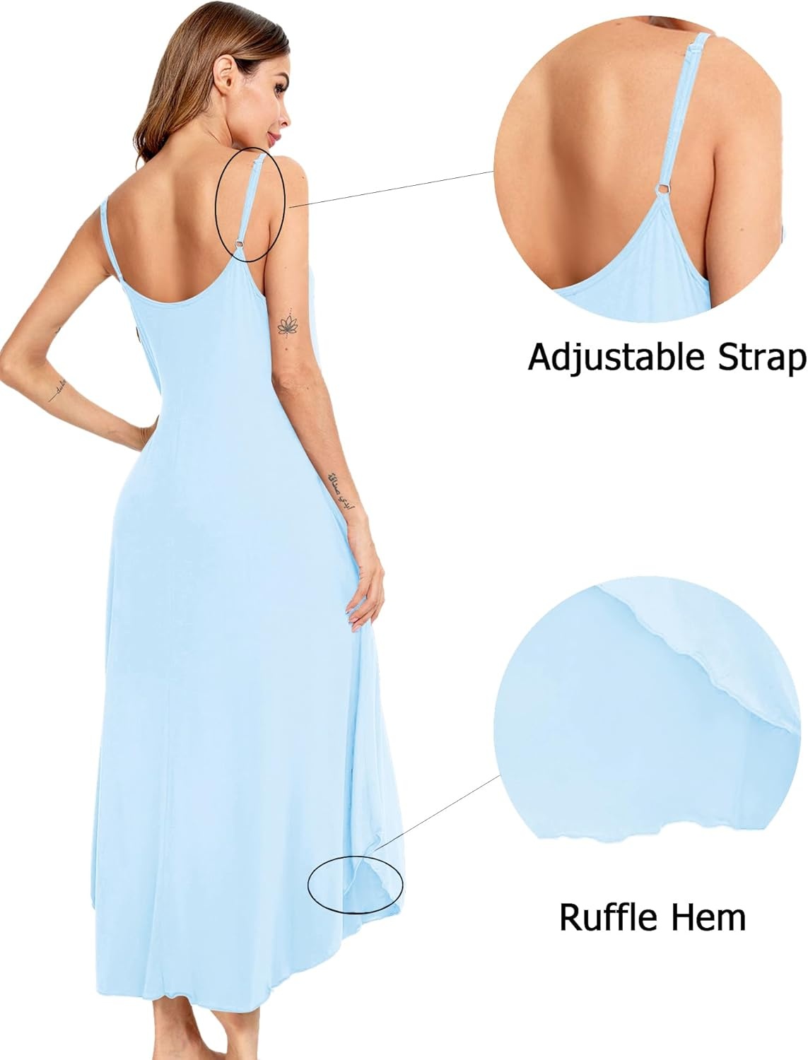 imageSWOMOG Women Long Nightgown Pajama Dress Soft Strap Nightdress Summer Sleeveless Nightshirt Lounge Dress with PocketsLight Blue