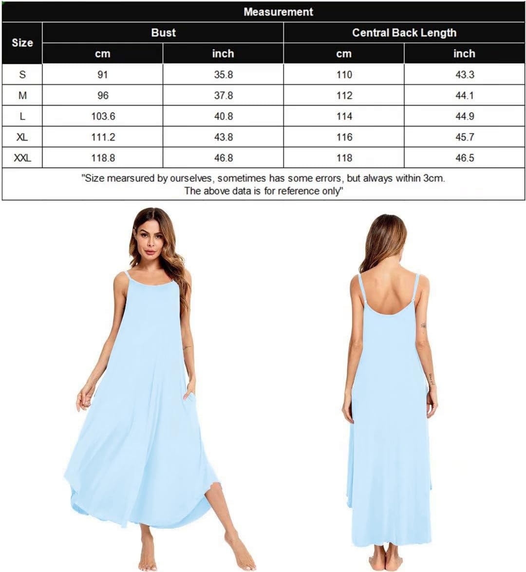 imageSWOMOG Women Long Nightgown Pajama Dress Soft Strap Nightdress Summer Sleeveless Nightshirt Lounge Dress with PocketsLight Blue