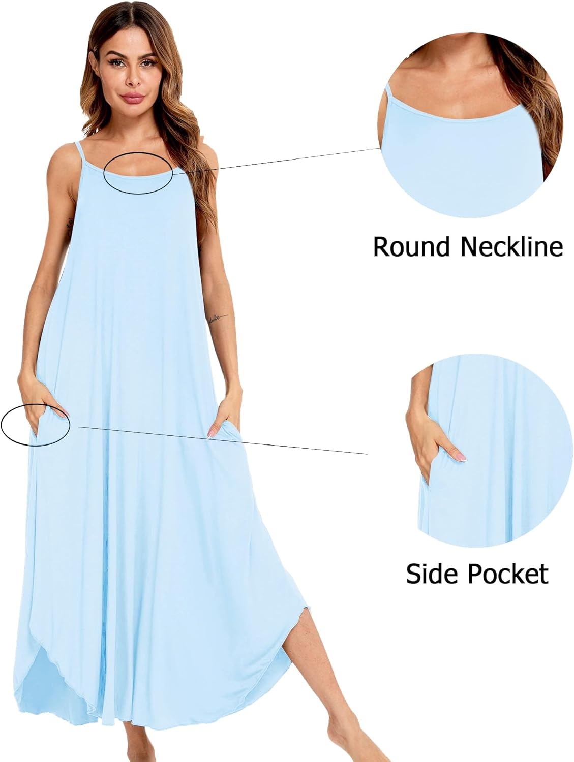 imageSWOMOG Women Long Nightgown Pajama Dress Soft Strap Nightdress Summer Sleeveless Nightshirt Lounge Dress with PocketsLight Blue