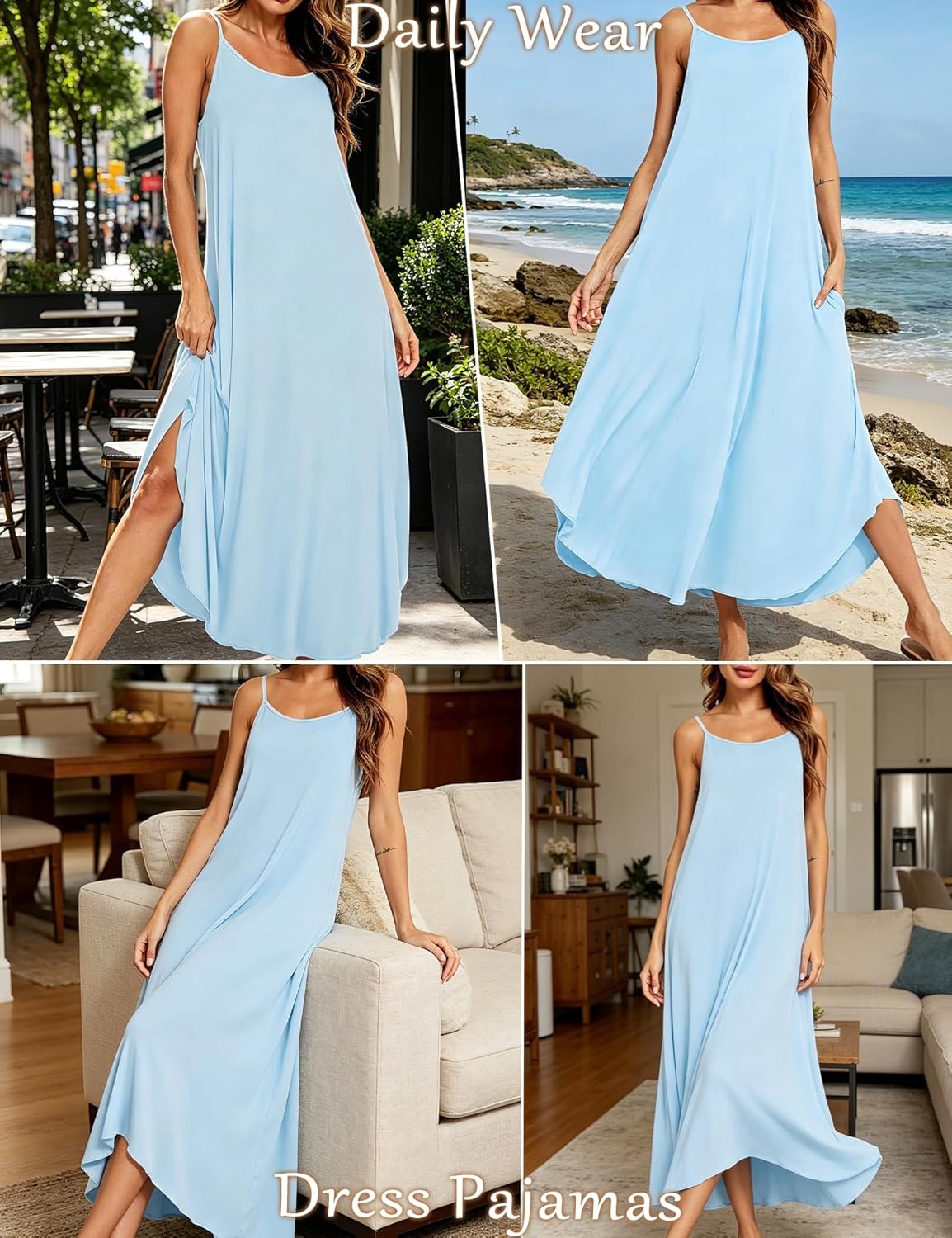 imageSWOMOG Women Long Nightgown Pajama Dress Soft Strap Nightdress Summer Sleeveless Nightshirt Lounge Dress with PocketsLight Blue