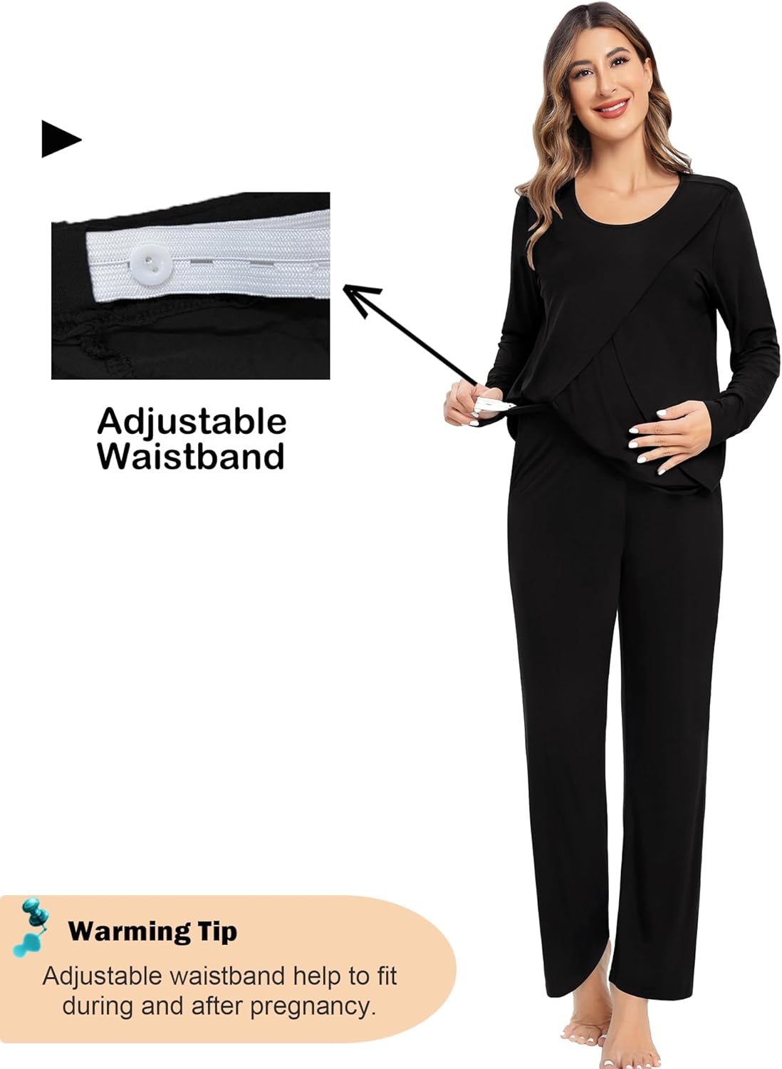 imageSWOMOG Women Maternity Pajama Set Nursing Pjs Double Layer Long Sleeve Top amp Pants Breastfeeding Pregnancy Set with PocketsBlack