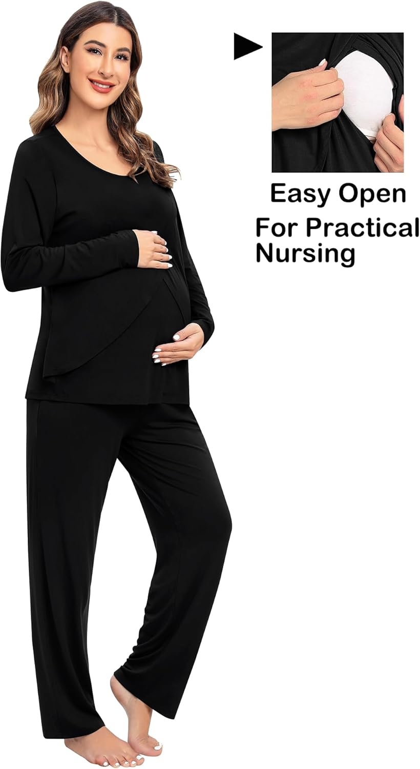 imageSWOMOG Women Maternity Pajama Set Nursing Pjs Double Layer Long Sleeve Top amp Pants Breastfeeding Pregnancy Set with PocketsBlack