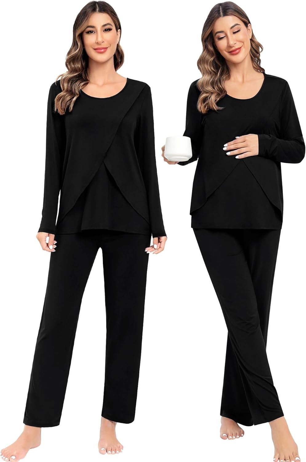 imageSWOMOG Women Maternity Pajama Set Nursing Pjs Double Layer Long Sleeve Top amp Pants Breastfeeding Pregnancy Set with PocketsBlack