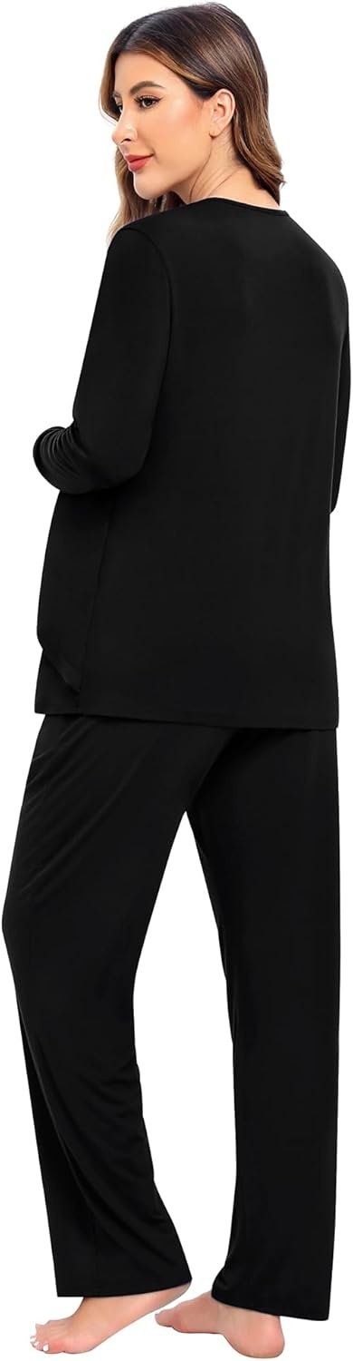 imageSWOMOG Women Maternity Pajama Set Nursing Pjs Double Layer Long Sleeve Top amp Pants Breastfeeding Pregnancy Set with PocketsBlack
