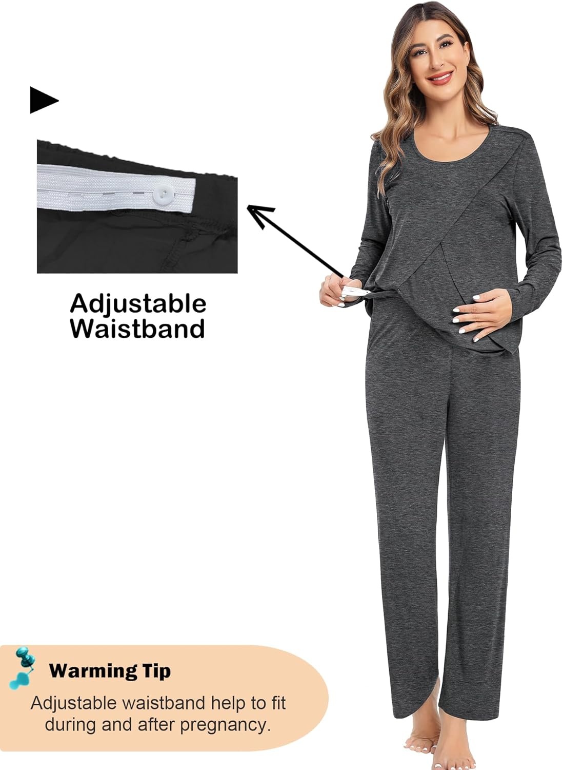 imageSWOMOG Women Maternity Pajama Set Nursing Pjs Double Layer Long Sleeve Top amp Pants Breastfeeding Pregnancy Set with PocketsDeep Grey