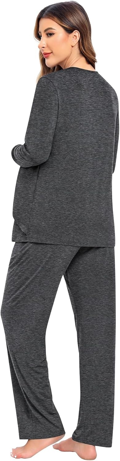 imageSWOMOG Women Maternity Pajama Set Nursing Pjs Double Layer Long Sleeve Top amp Pants Breastfeeding Pregnancy Set with PocketsDeep Grey