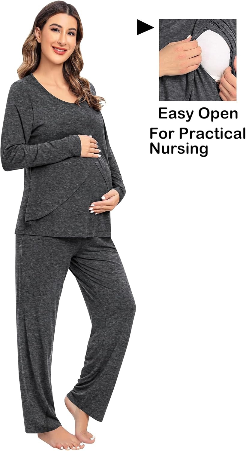 imageSWOMOG Women Maternity Pajama Set Nursing Pjs Double Layer Long Sleeve Top amp Pants Breastfeeding Pregnancy Set with PocketsDeep Grey
