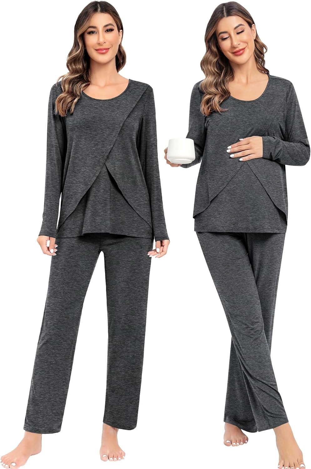 imageSWOMOG Women Maternity Pajama Set Nursing Pjs Double Layer Long Sleeve Top amp Pants Breastfeeding Pregnancy Set with PocketsDeep Grey