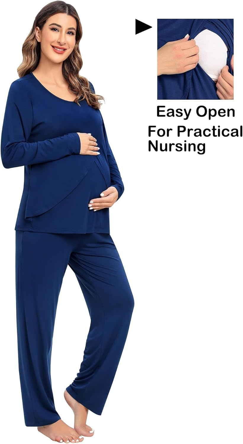 imageSWOMOG Women Maternity Pajama Set Nursing Pjs Double Layer Long Sleeve Top amp Pants Breastfeeding Pregnancy Set with PocketsNavy Blue