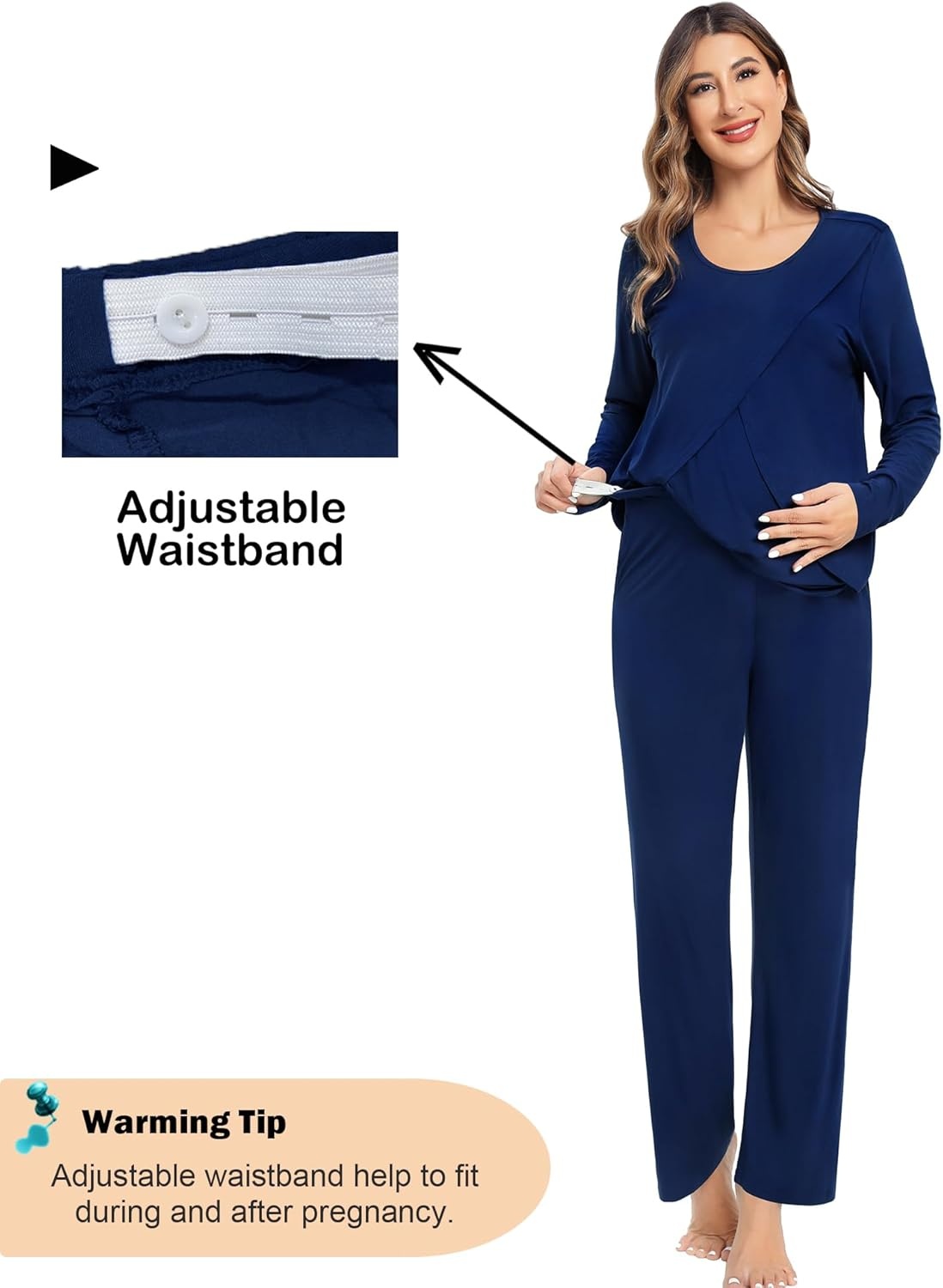 imageSWOMOG Women Maternity Pajama Set Nursing Pjs Double Layer Long Sleeve Top amp Pants Breastfeeding Pregnancy Set with PocketsNavy Blue