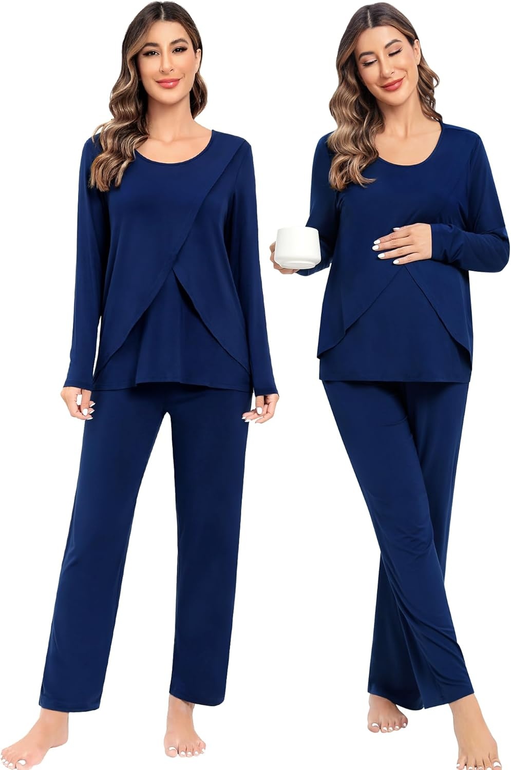 imageSWOMOG Women Maternity Pajama Set Nursing Pjs Double Layer Long Sleeve Top amp Pants Breastfeeding Pregnancy Set with PocketsNavy Blue