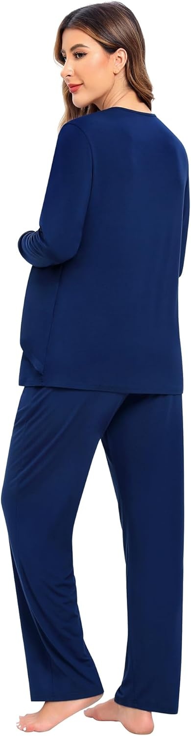 imageSWOMOG Women Maternity Pajama Set Nursing Pjs Double Layer Long Sleeve Top amp Pants Breastfeeding Pregnancy Set with PocketsNavy Blue