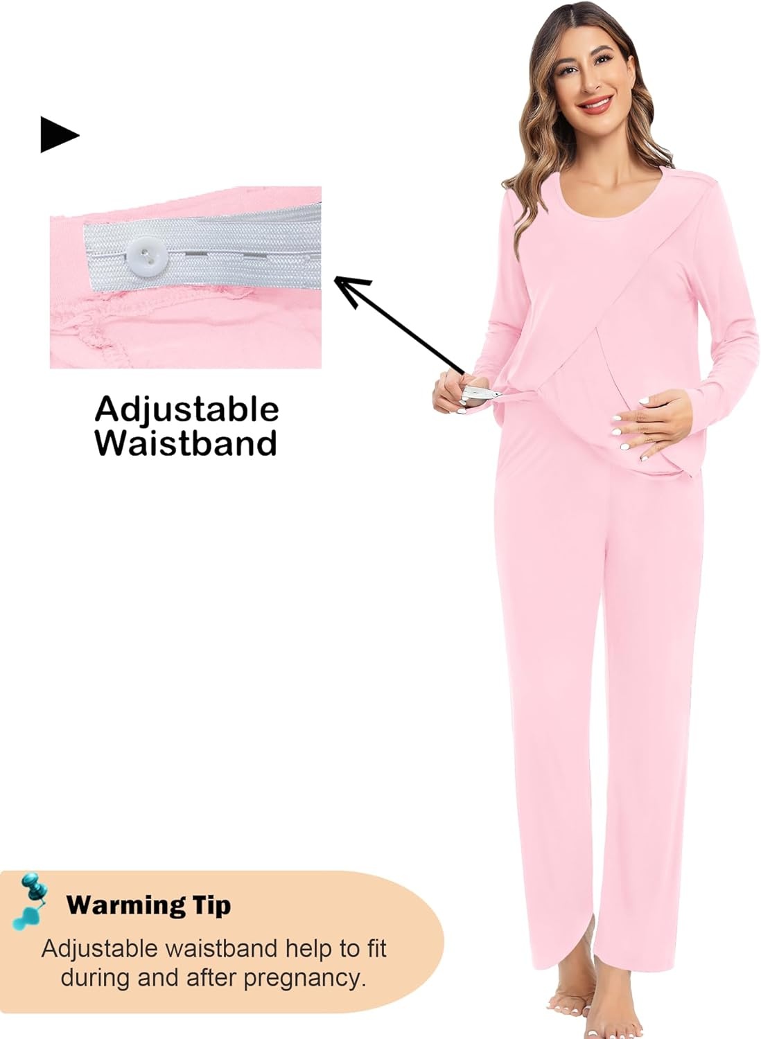 imageSWOMOG Women Maternity Pajama Set Nursing Pjs Double Layer Long Sleeve Top amp Pants Breastfeeding Pregnancy Set with PocketsPink