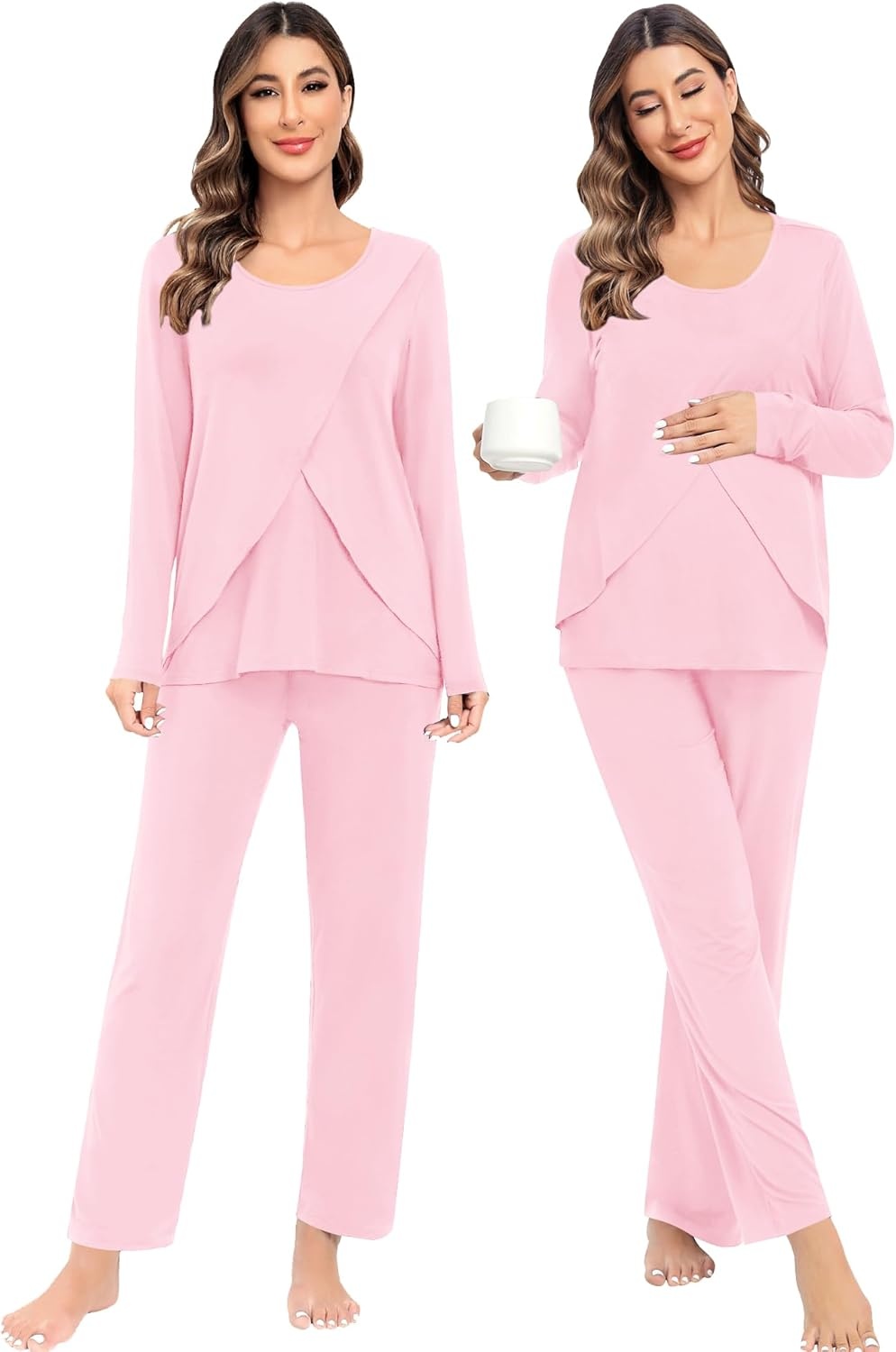 imageSWOMOG Women Maternity Pajama Set Nursing Pjs Double Layer Long Sleeve Top amp Pants Breastfeeding Pregnancy Set with PocketsPink