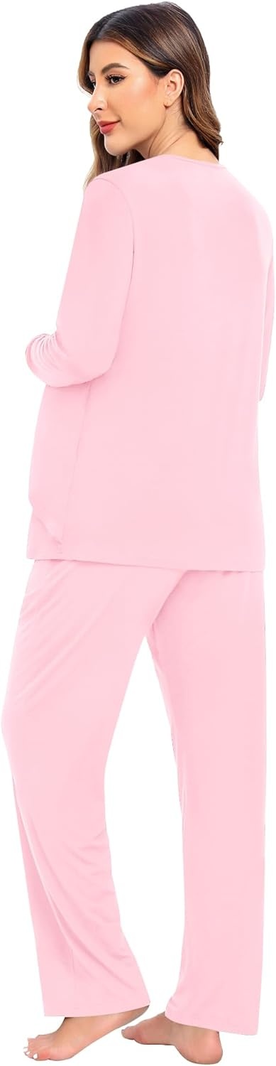 imageSWOMOG Women Maternity Pajama Set Nursing Pjs Double Layer Long Sleeve Top amp Pants Breastfeeding Pregnancy Set with PocketsPink