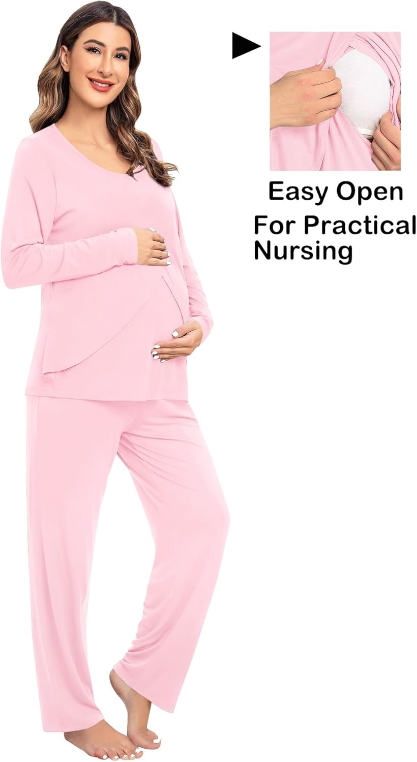 imageSWOMOG Women Maternity Pajama Set Nursing Pjs Double Layer Long Sleeve Top amp Pants Breastfeeding Pregnancy Set with PocketsPink
