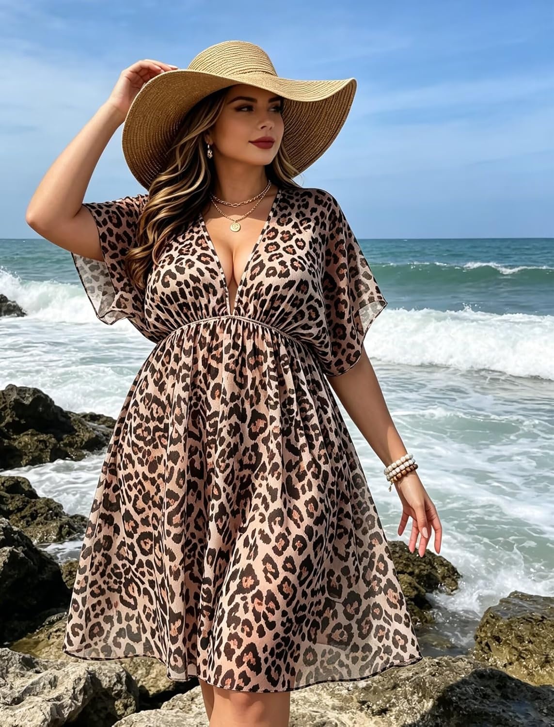 imageSWOMOG Women Plus Size Cover Up Short Sleeve Swimsuit Cover Bikini Bathing Suit Beachwear Summer Dress with Tie BackBlack Leopard
