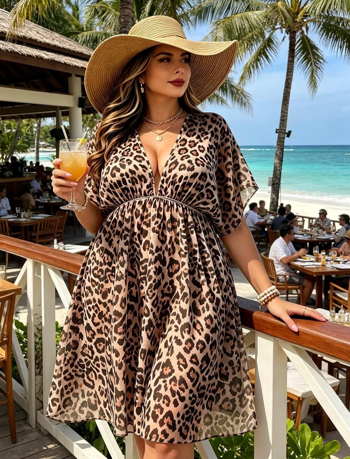 imageSWOMOG Women Plus Size Cover Up Short Sleeve Swimsuit Cover Bikini Bathing Suit Beachwear Summer Dress with Tie BackBlack Leopard