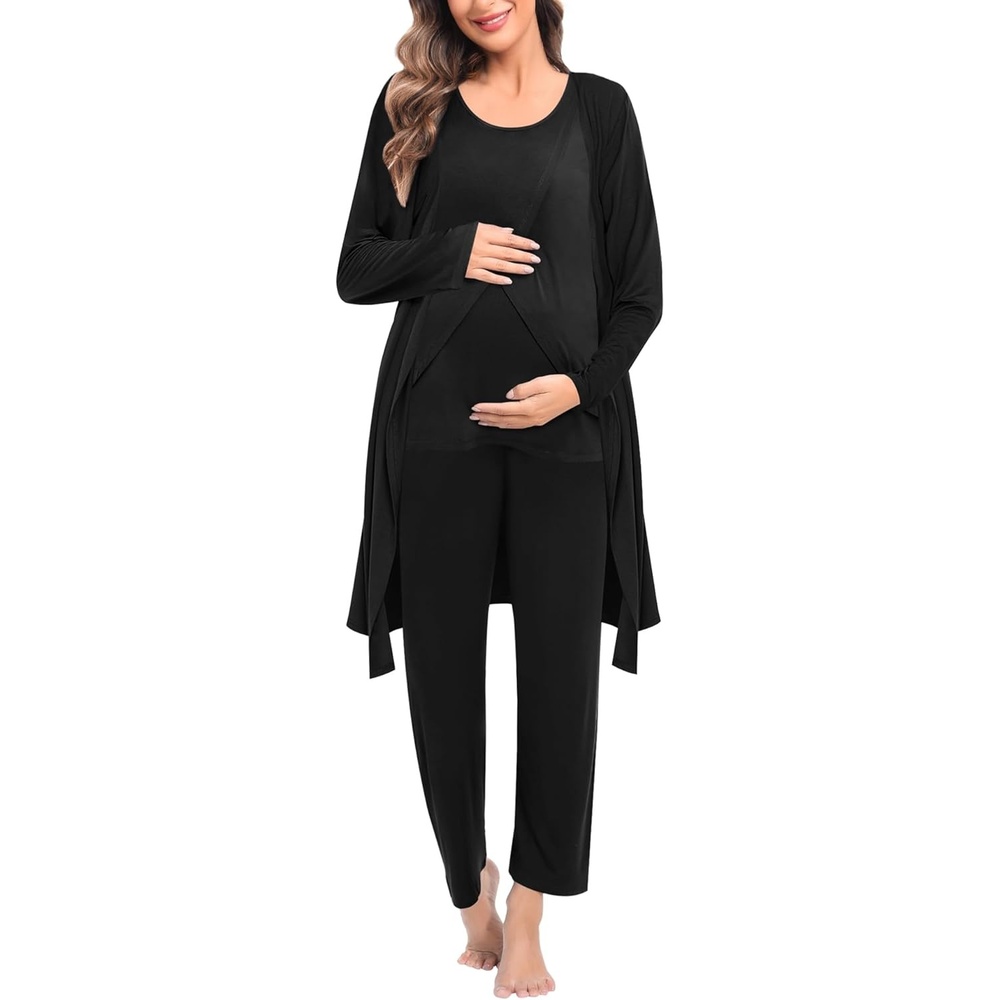 imageSWOMOG Maternity Nursing Robe Set 3 PCS Postpartum Breastfeeding Pajamas Hospital Pregnancy Pjs Double Layer Lounge SetBlack