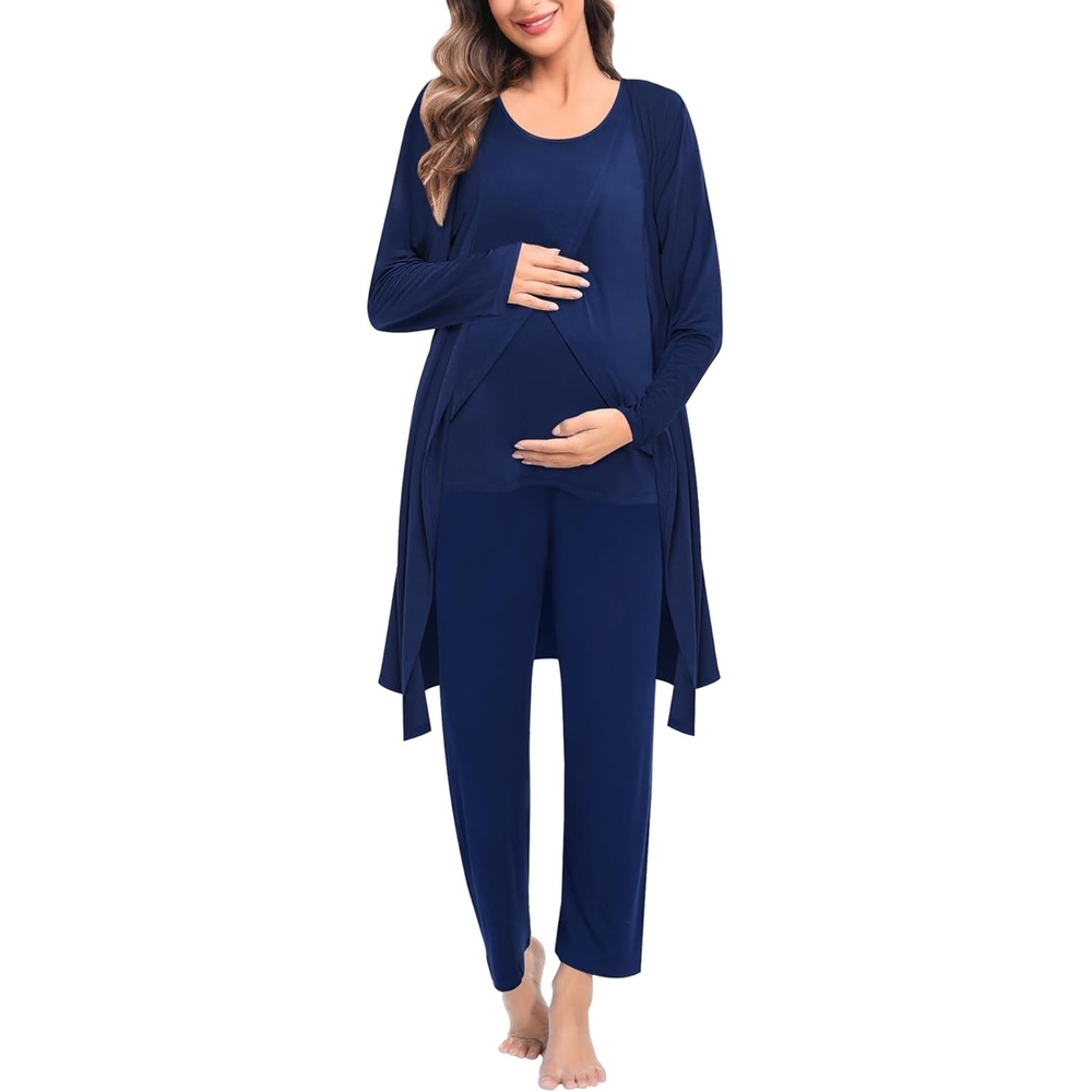 imageSWOMOG Maternity Nursing Robe Set 3 PCS Postpartum Breastfeeding Pajamas Hospital Pregnancy Pjs Double Layer Lounge SetNavy Blue
