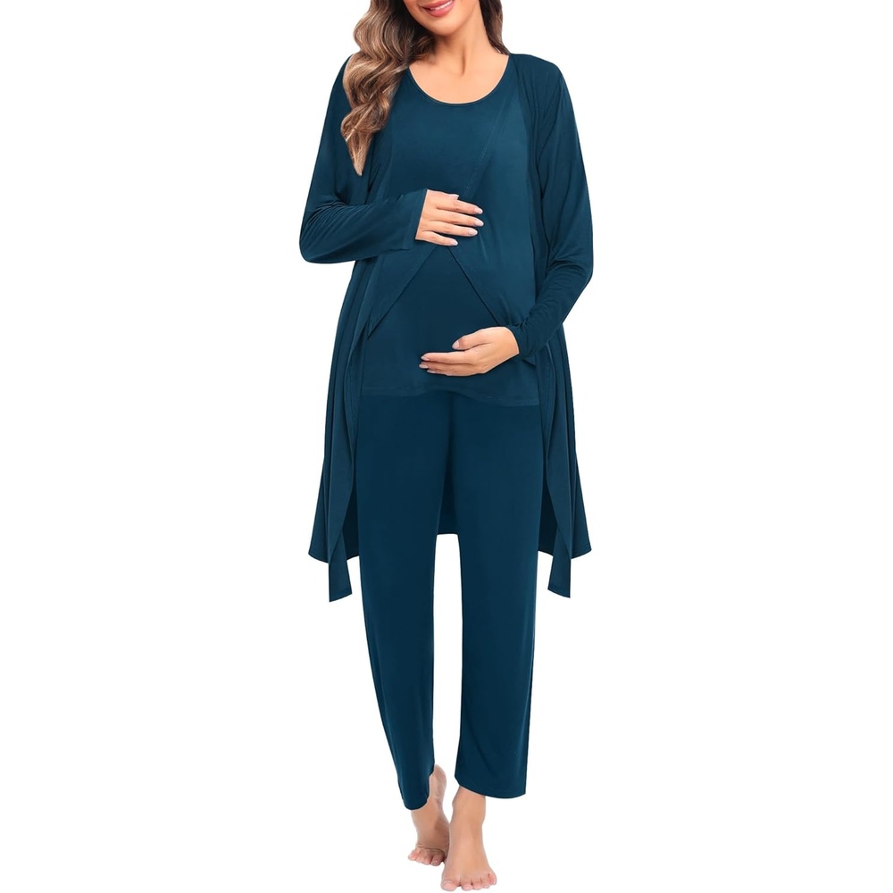 imageSWOMOG Maternity Nursing Robe Set 3 PCS Postpartum Breastfeeding Pajamas Hospital Pregnancy Pjs Double Layer Lounge SetOxford Blue