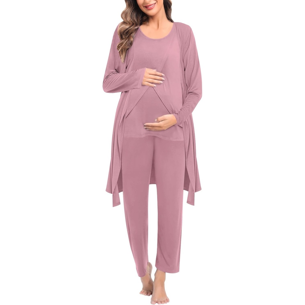 imageSWOMOG Maternity Nursing Robe Set 3 PCS Postpartum Breastfeeding Pajamas Hospital Pregnancy Pjs Double Layer Lounge SetTaro Purple