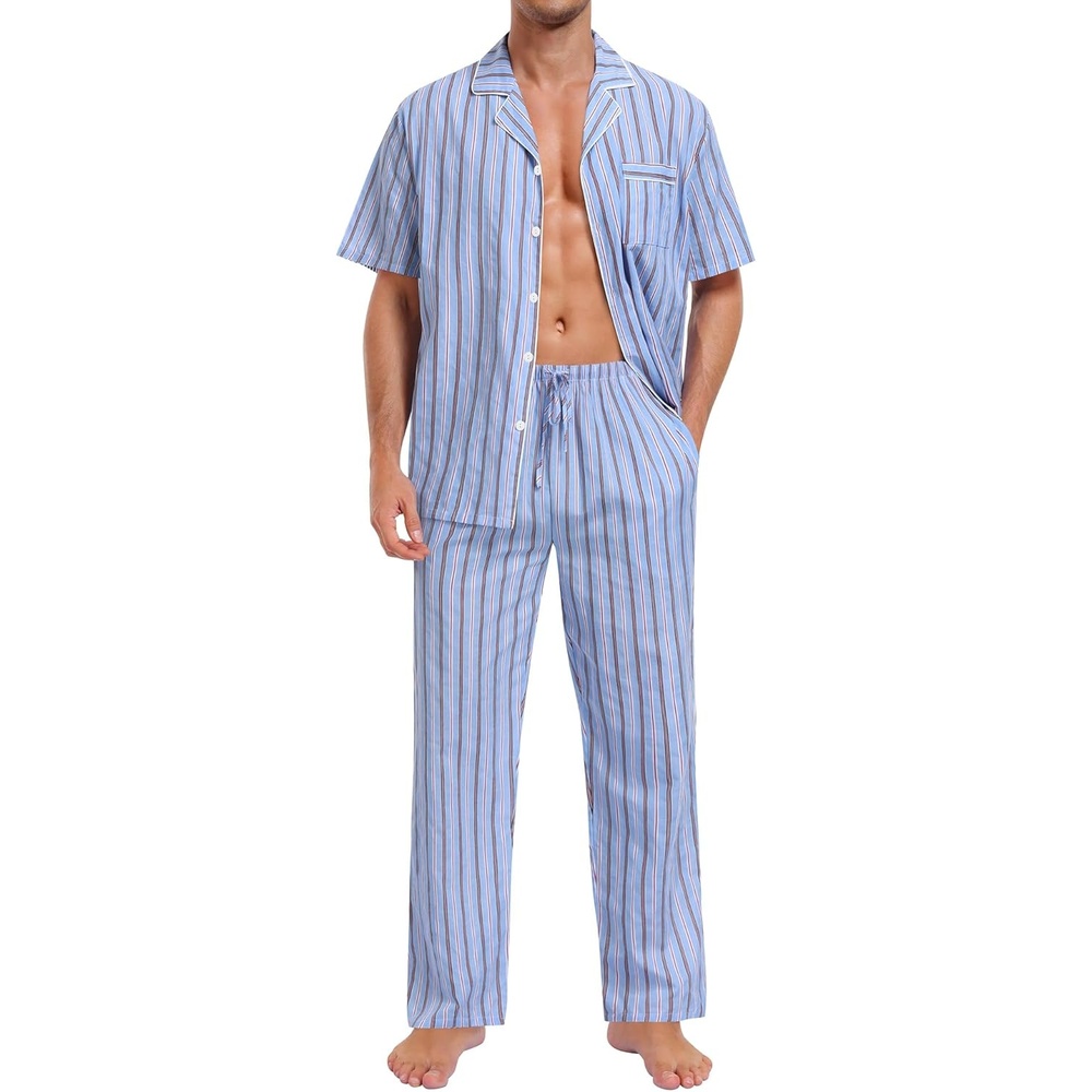 imageSWOMOG Mens 100 Cotton Pajama Set 2Pcs Button Down Pjs Set Short Sleeve Sleepwear with Long Pants Soft Stripe NightwearBlue Stripes